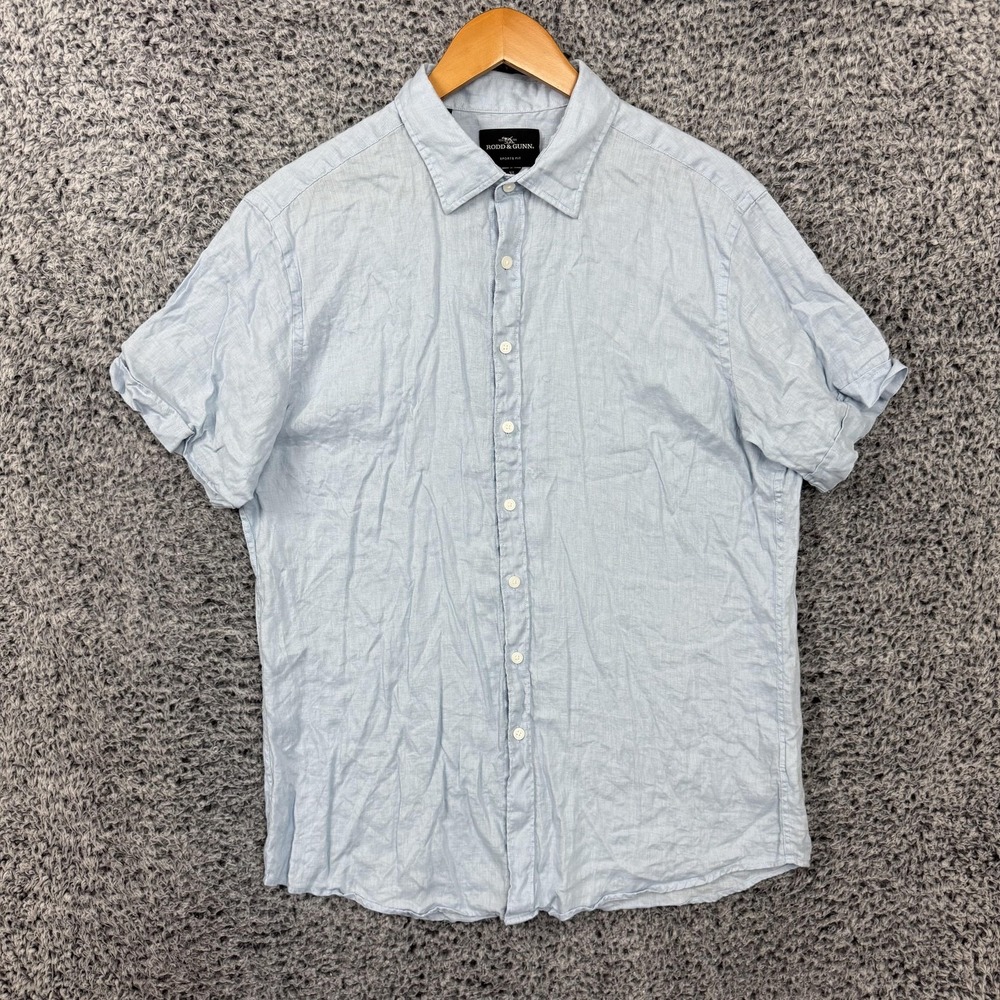 Rodd & Gunn Shirt Mens XL Blue Linen Short Sleeve Sports Fit Button Up Casual